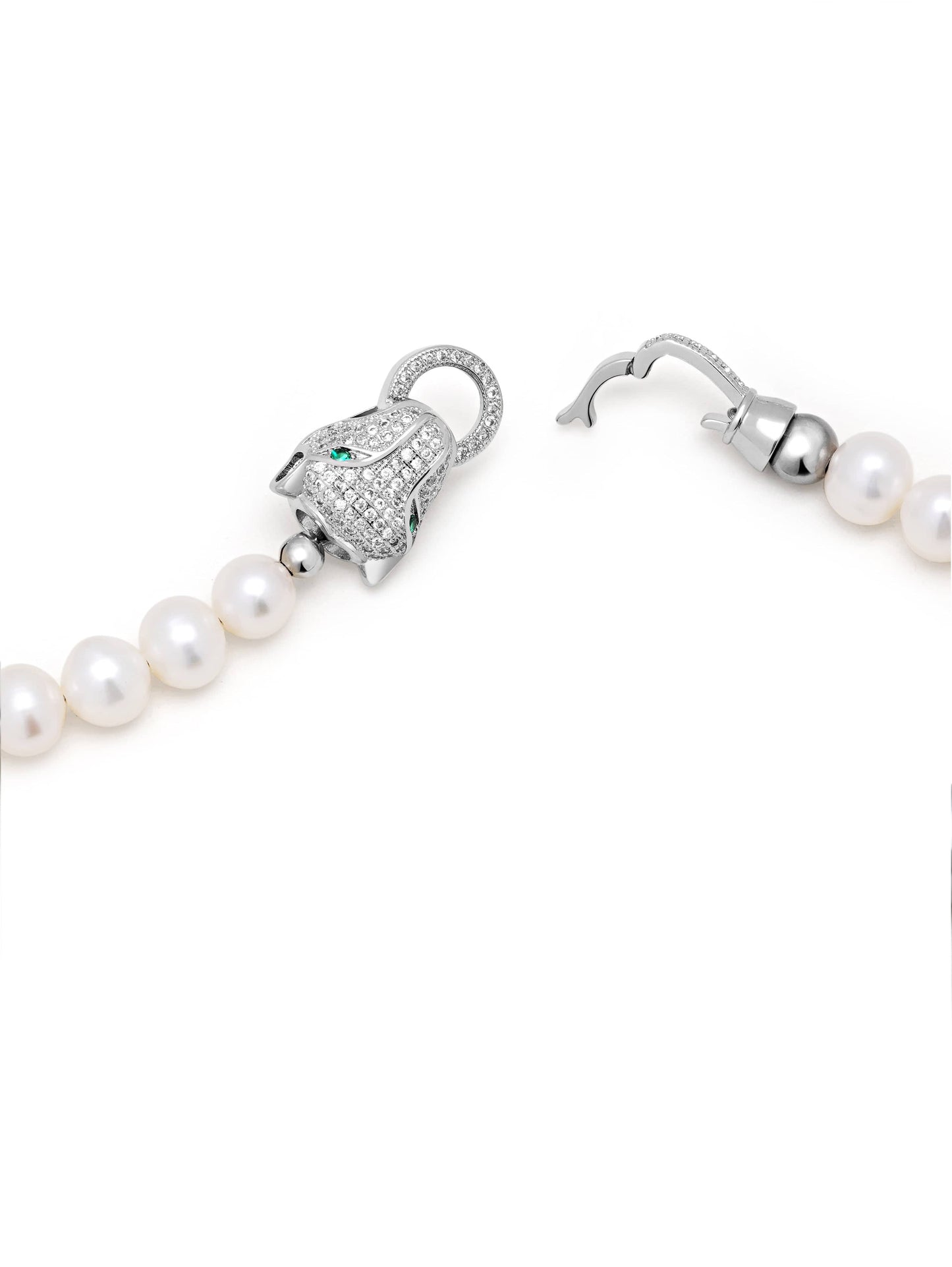 White Pearl Necklace with Silver Panther Head Lock