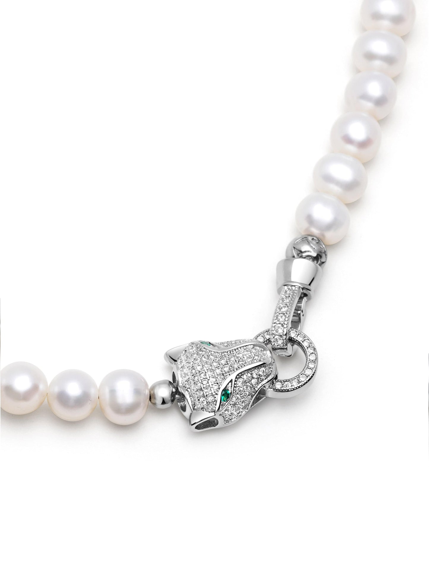 White Pearl Necklace with Silver Panther Head Lock