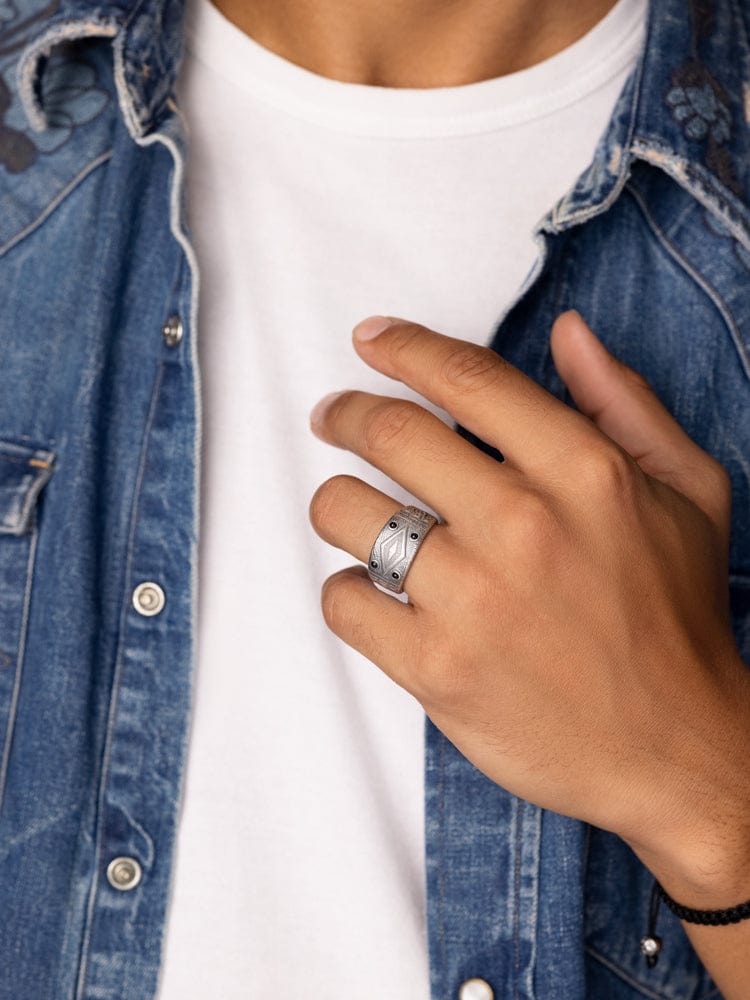 Engraved Vintage Silver Ring with Matte Onyx