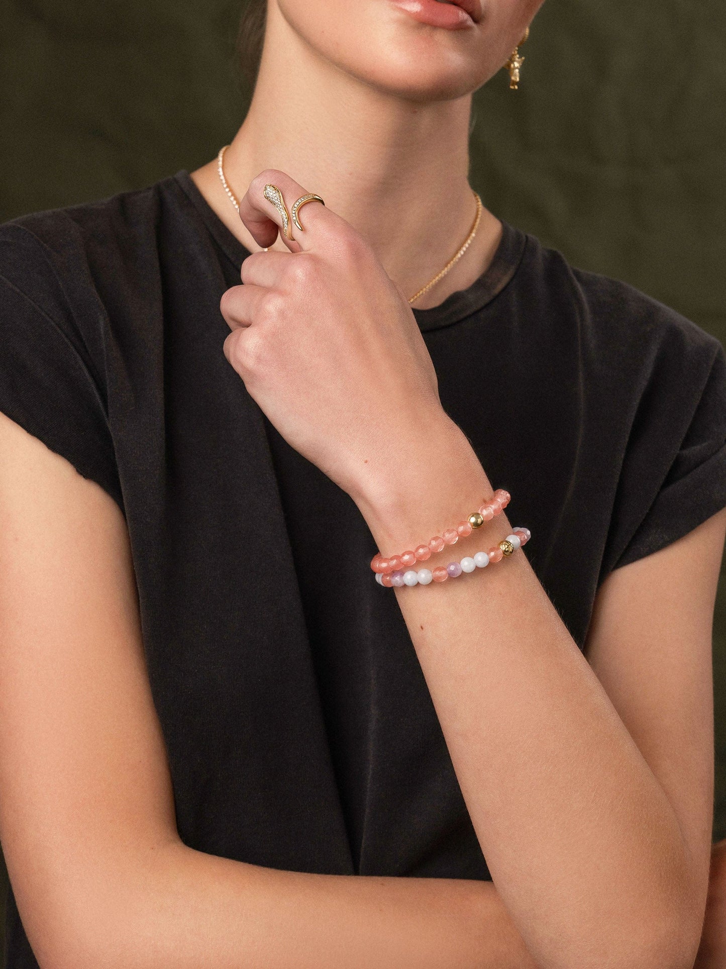 Women's Wristband with Cherry Quartz and Gold