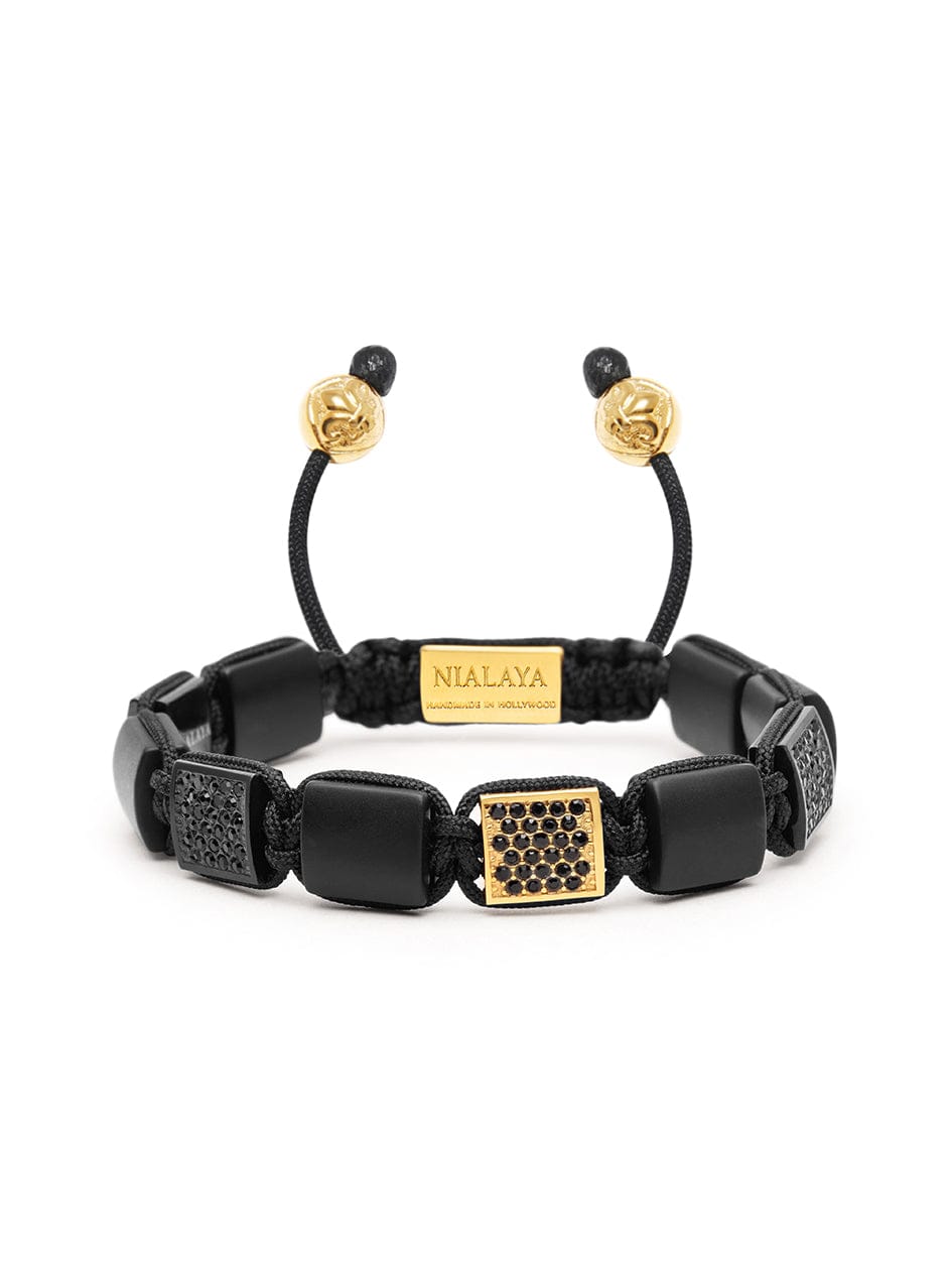 Women's Black Onyx Flatbead Bracelet with Black CZ Diamonds and Gold Plating
