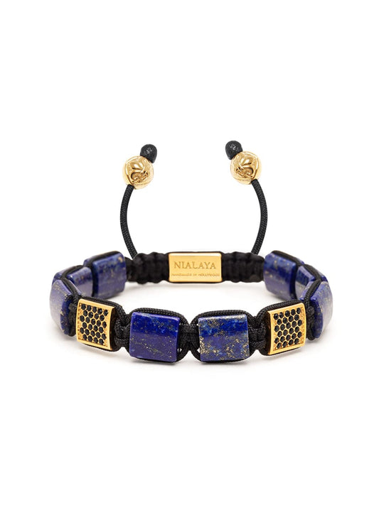 Women's Blue Lapis Flatbead Bracelet with Black CZ Diamonds and Gold Plating