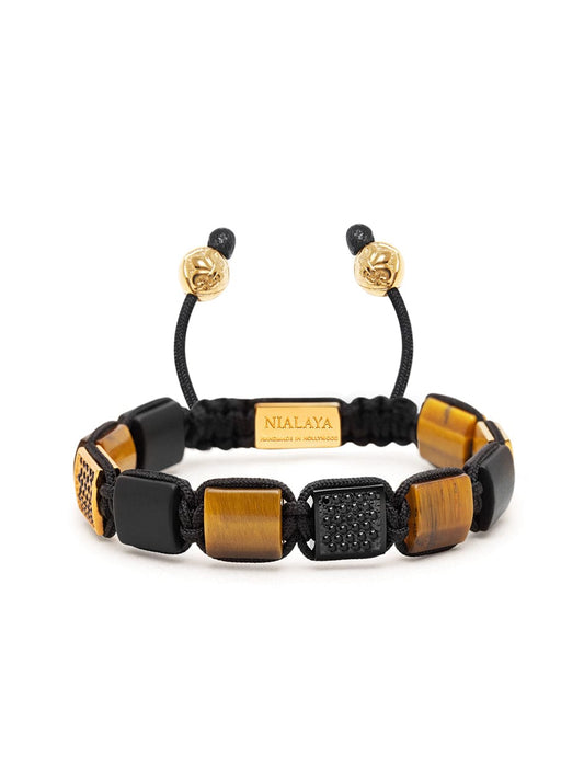 Women's Brown Tiger Eye and Black Onyx Flatbead Bracelet with Black CZ Diamonds and Black String