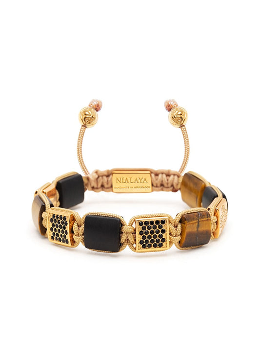 Women's Brown Tiger Eye and Black Onyx Flatbead Bracelet with Black CZ Diamonds and Gold Plating