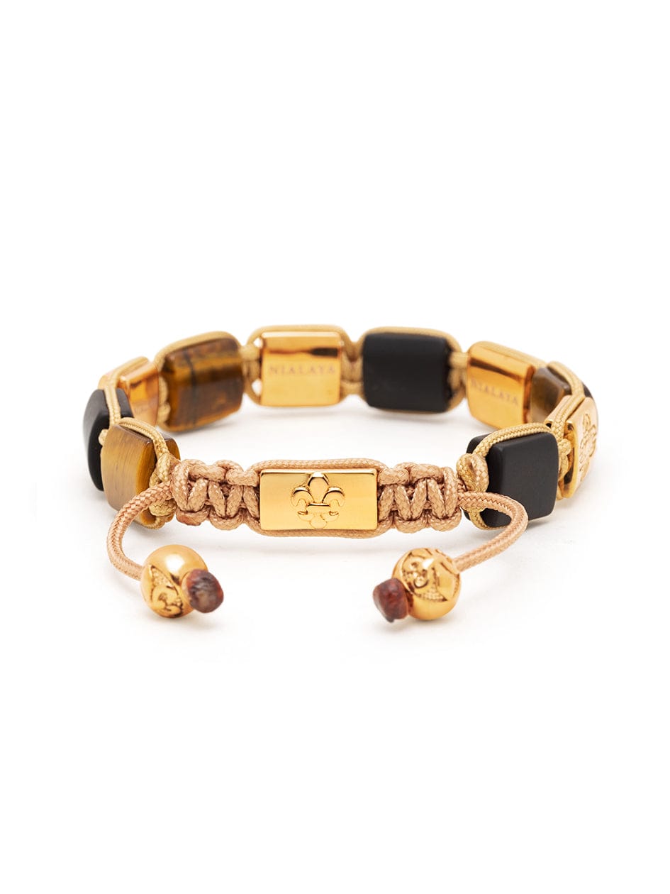 Women's Brown Tiger Eye and Black Onyx Flatbead Bracelet with Black CZ Diamonds and Gold Plating
