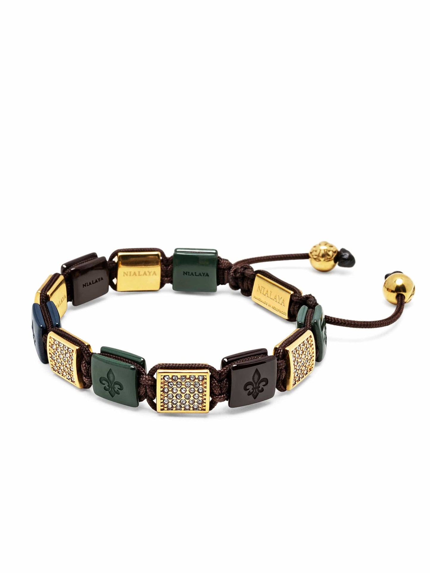 Women's Dark Green, Dark Blue & Burgundy Ceramic Flatbead Bracelet with Gold CZ