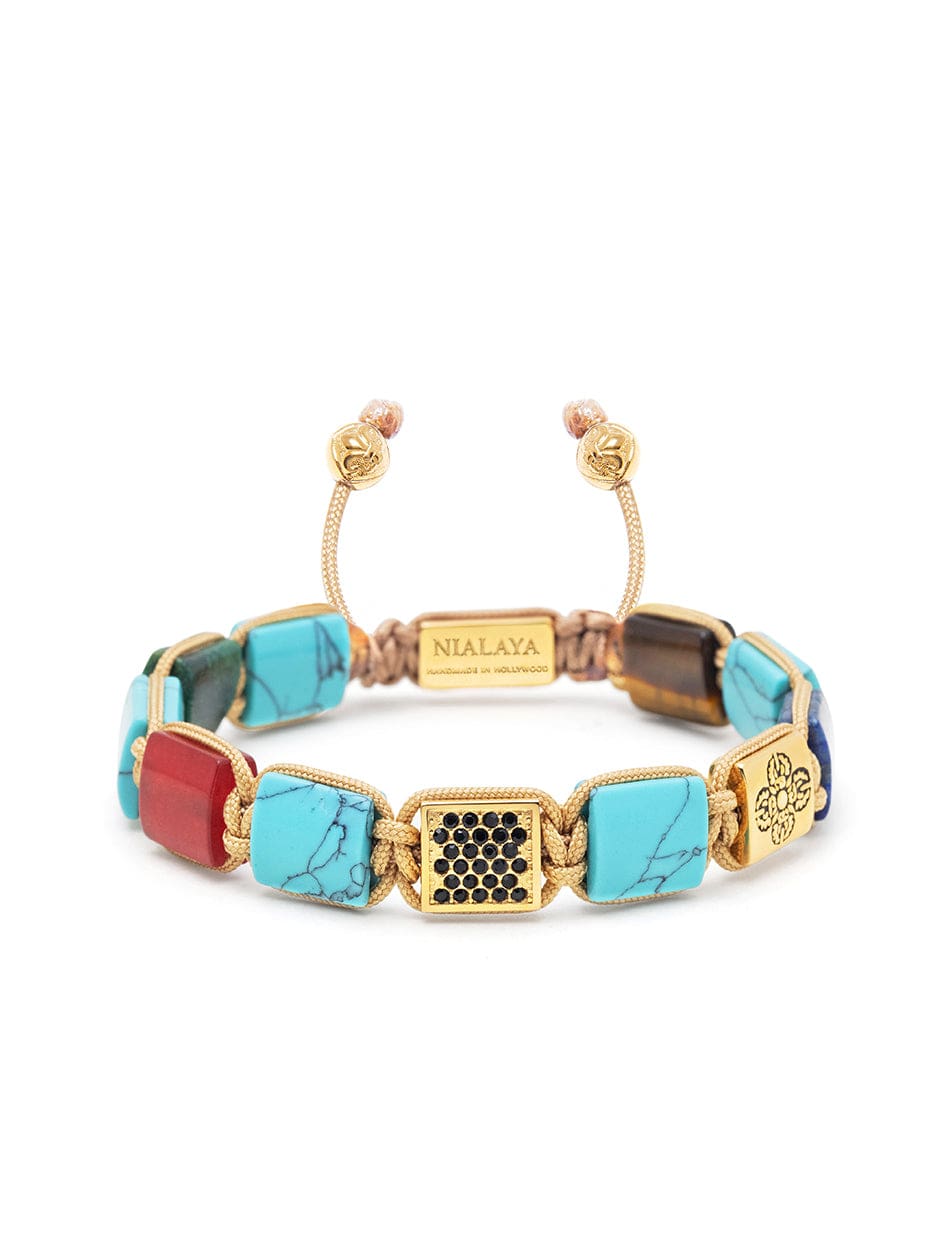 Women's Flatbead Bracelet with Turquoise, Jade, Blue Lapis, Brown Tiger Eye and Gold