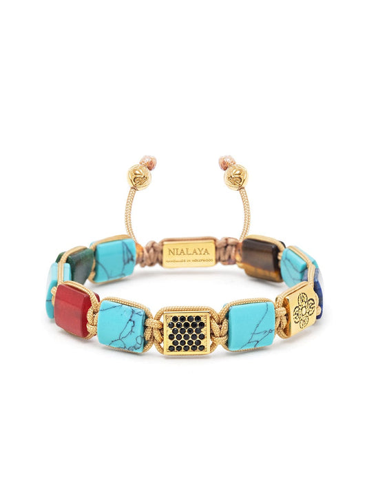 Women's Flatbead Bracelet with Turquoise, Jade, Blue Lapis, Brown Tiger Eye and Gold