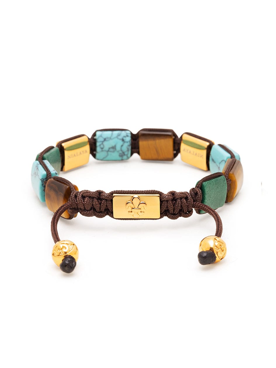 Women's Turquoise, Green Jade, and Brown Tiger Eye Flatbead Bracelet with Gold Plated Dorje