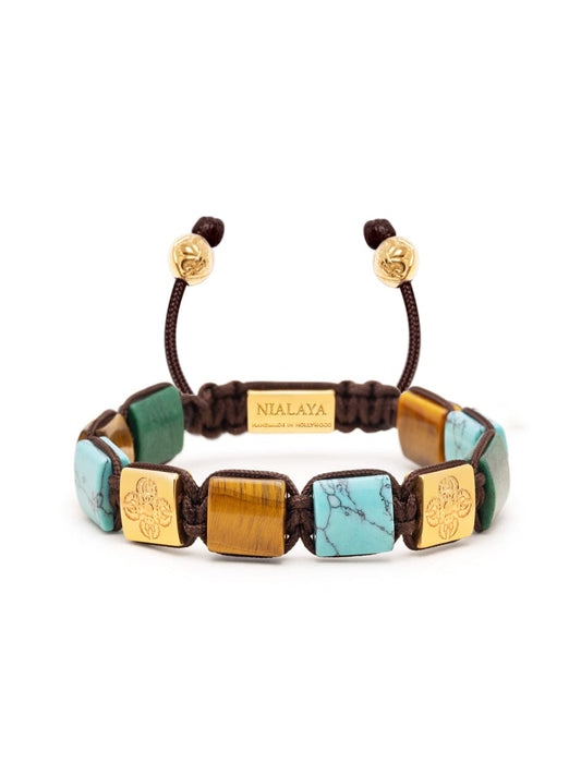 Women's Turquoise, Green Jade, and Brown Tiger Eye Flatbead Bracelet with Gold Plated Dorje