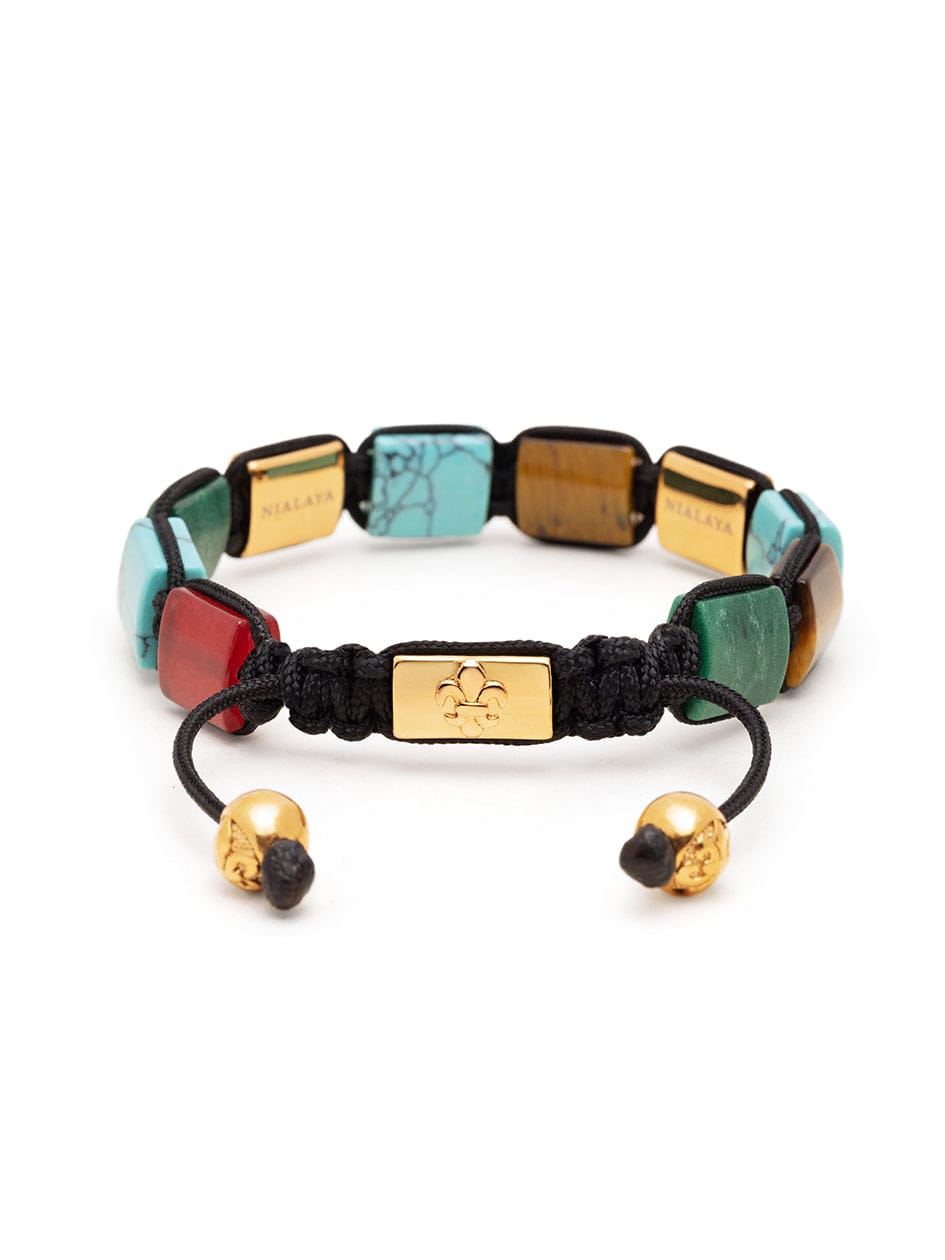 Women's Turquoise, Green Jade, Red Jade, and Brown Tiger Eye Flatbead Bracelet with Gold Plated Dorje