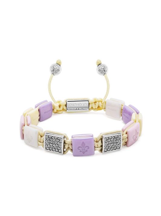 Women's White, Cream, Lavender & Soft Pink Ceramic Flatbead Bracelet with Silver CZ