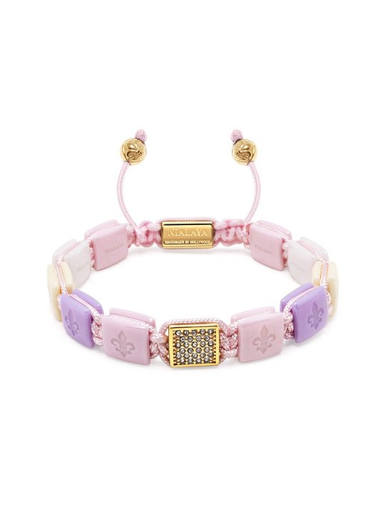 Women's White, Cream, Soft Pink & Lavender Ceramic Flatbead Bracelet with Gold CZ