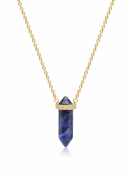 Dumortierite Crystal Necklace with Engraved Evil Eye Detail