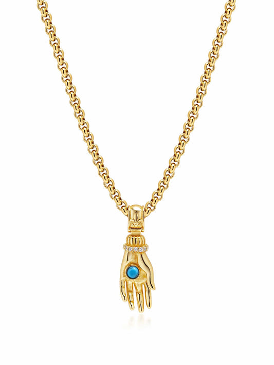 Men's Hand Pendant with a Small Turquoise Gemstone in Gold