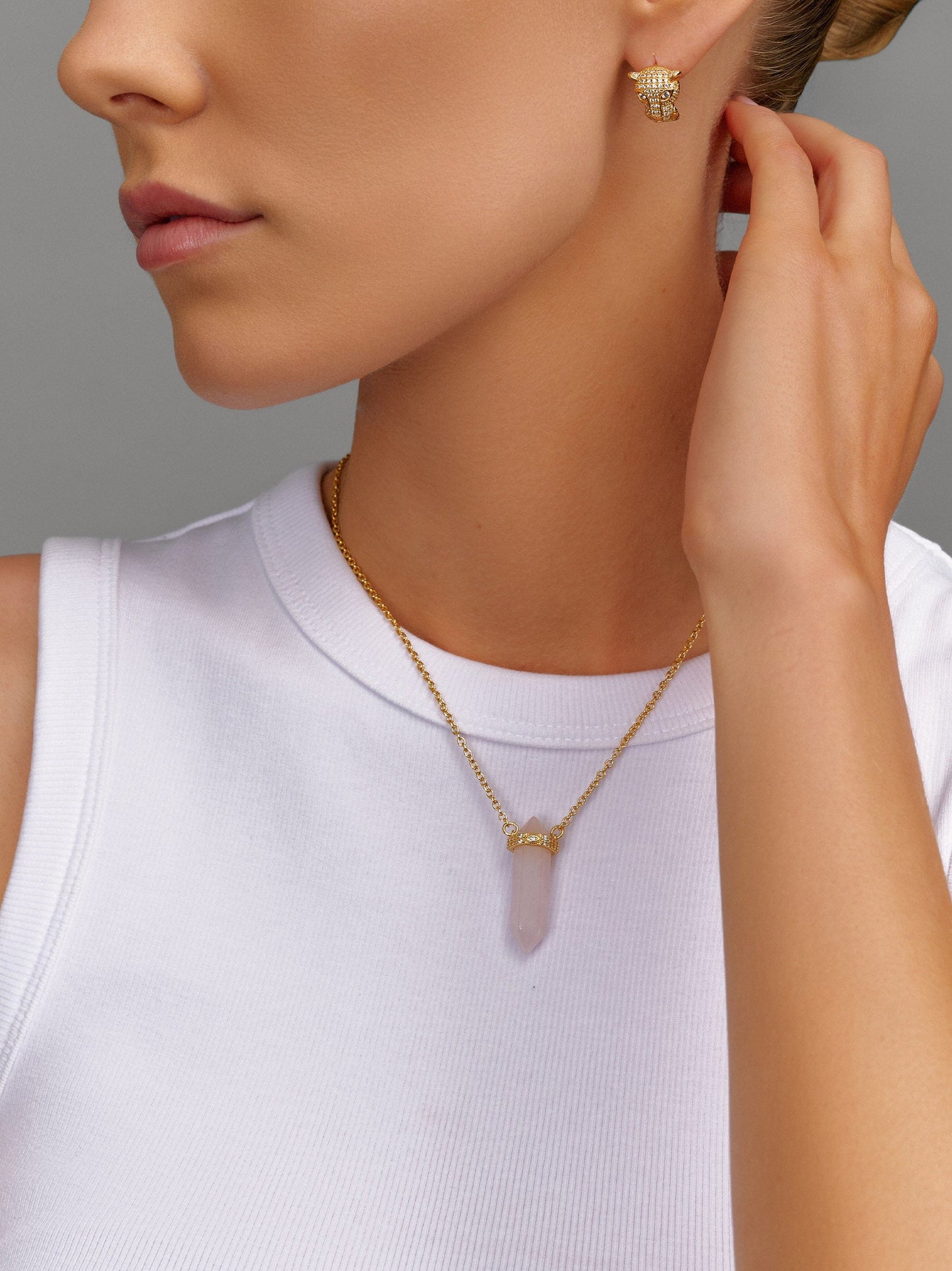 Sterling Silver Rose Quartz Crystal Necklace with Engraved Evil Eye Detail