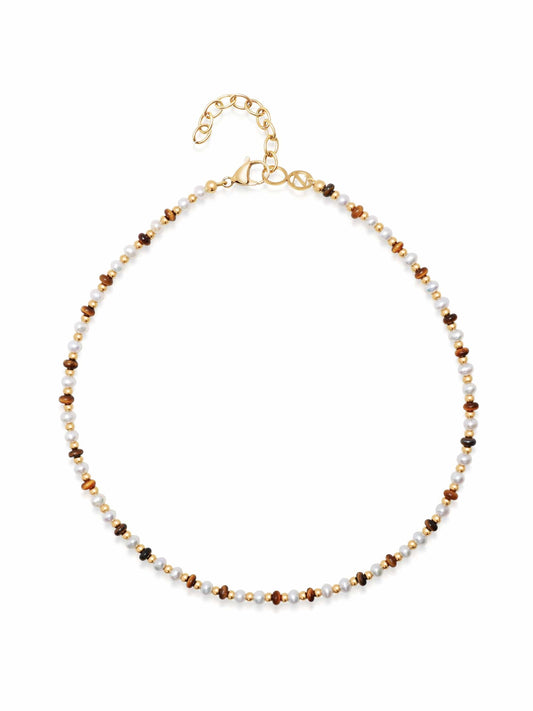 Women's Mini Beaded Choker with Pearls and Tiger Eye